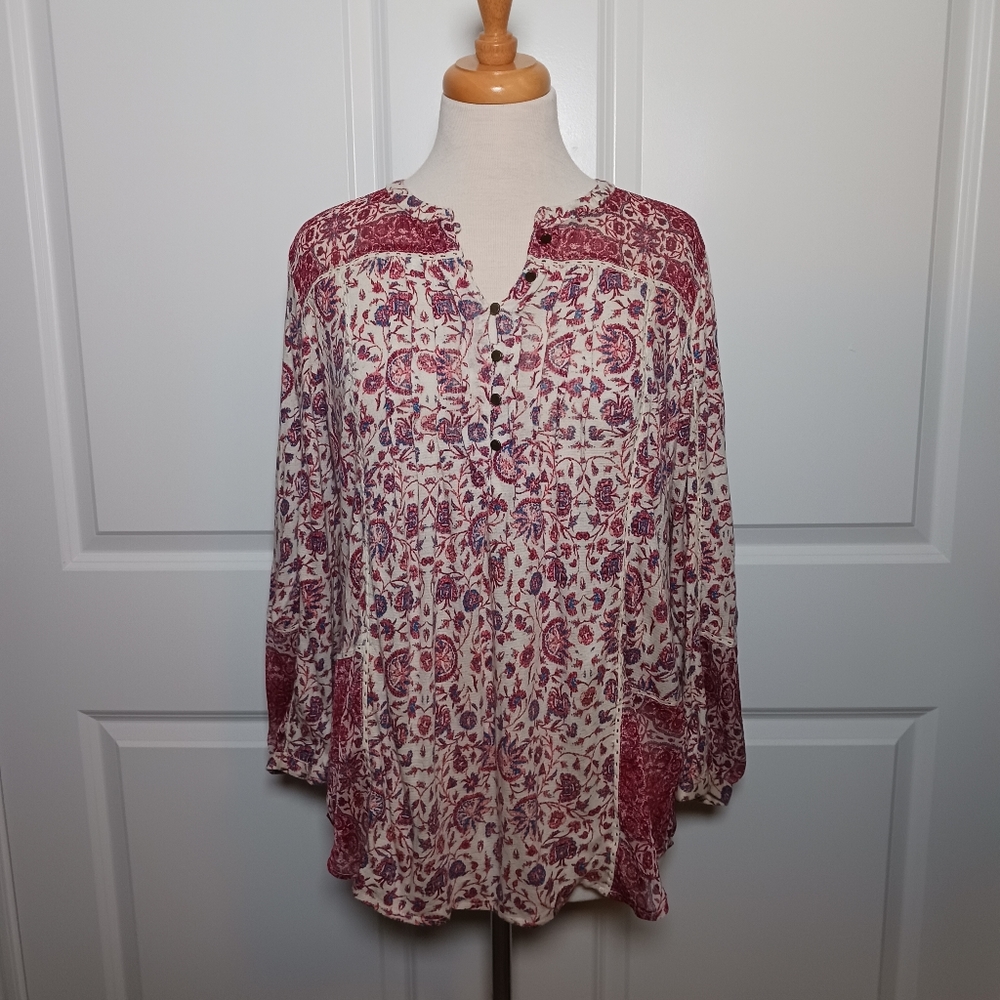 Lucky Brand Boho Floral 3/4 Sleeve Top